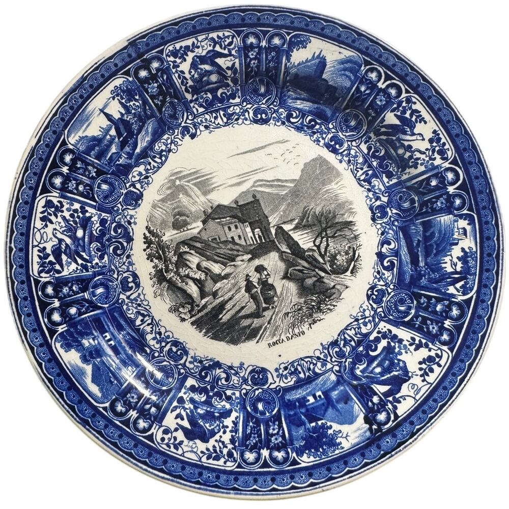 Rare Schramberg Majolica Plate Blue & Black Transfer "Rocca Danfo"
